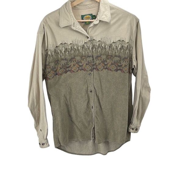 Cabelas Women Long Sleeve Top Button Down Shirt southwest Tan Large - Picture 10 of 16